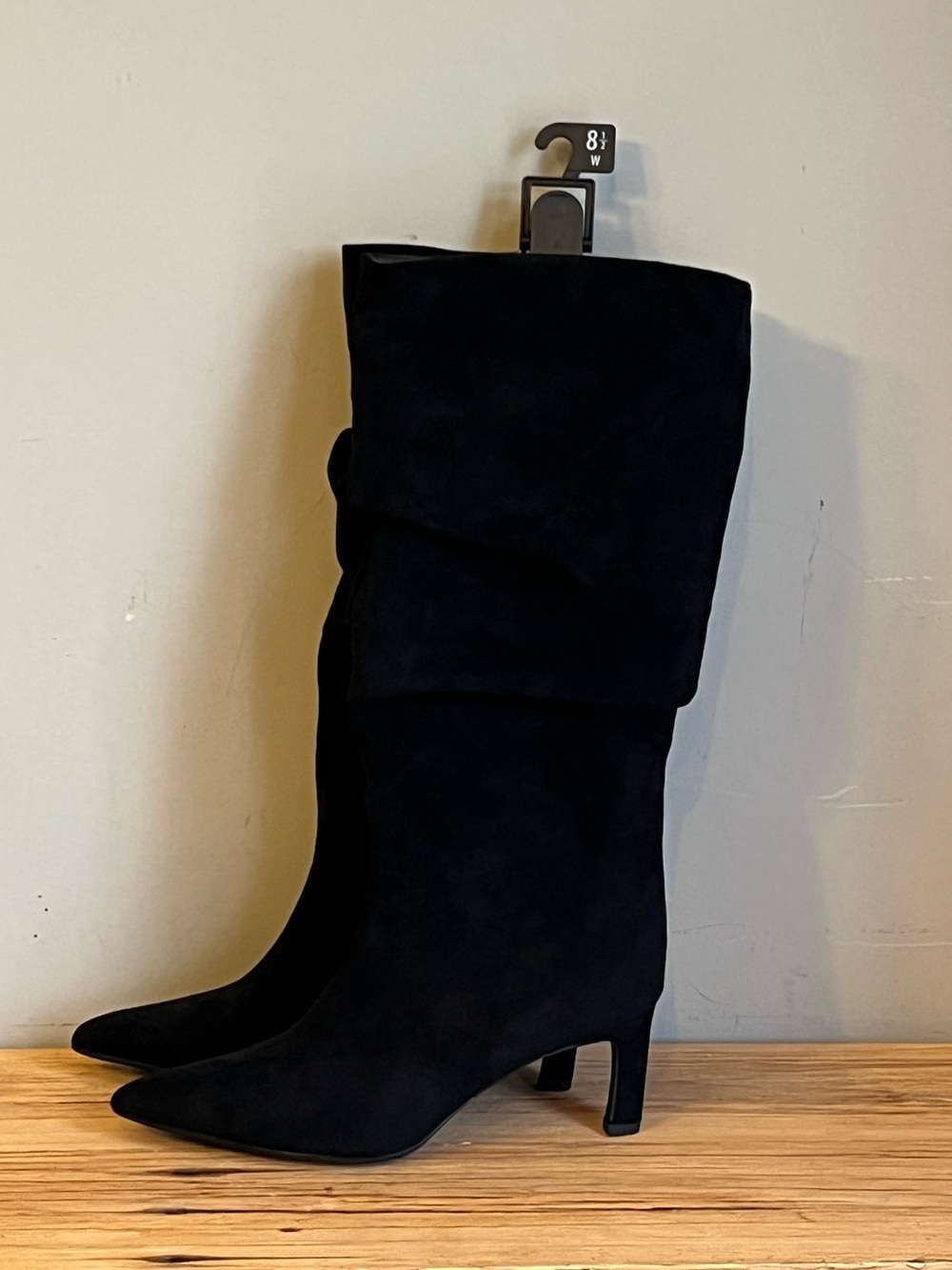 Time and Tru Black Knee-High Slouch Faux Suede Boot with Mid Heel